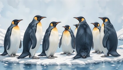 Fototapeta premium A group of penguins standing on ice, with a snowy background. Watercolor painting 
