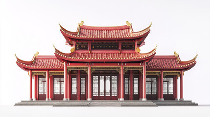 Fototapeta premium Traditional Chinese architecture with red and gold details on white background