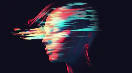 Digital distortion of female profile, glitch effect with abstract colorful lines representing fragmented consciousness or data corruption