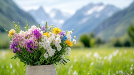 Obraz premium Colorful flower bouquet in a vase, mountain backdrop