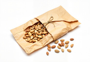 Textured packet of almonds with scattered seeds, natural snack