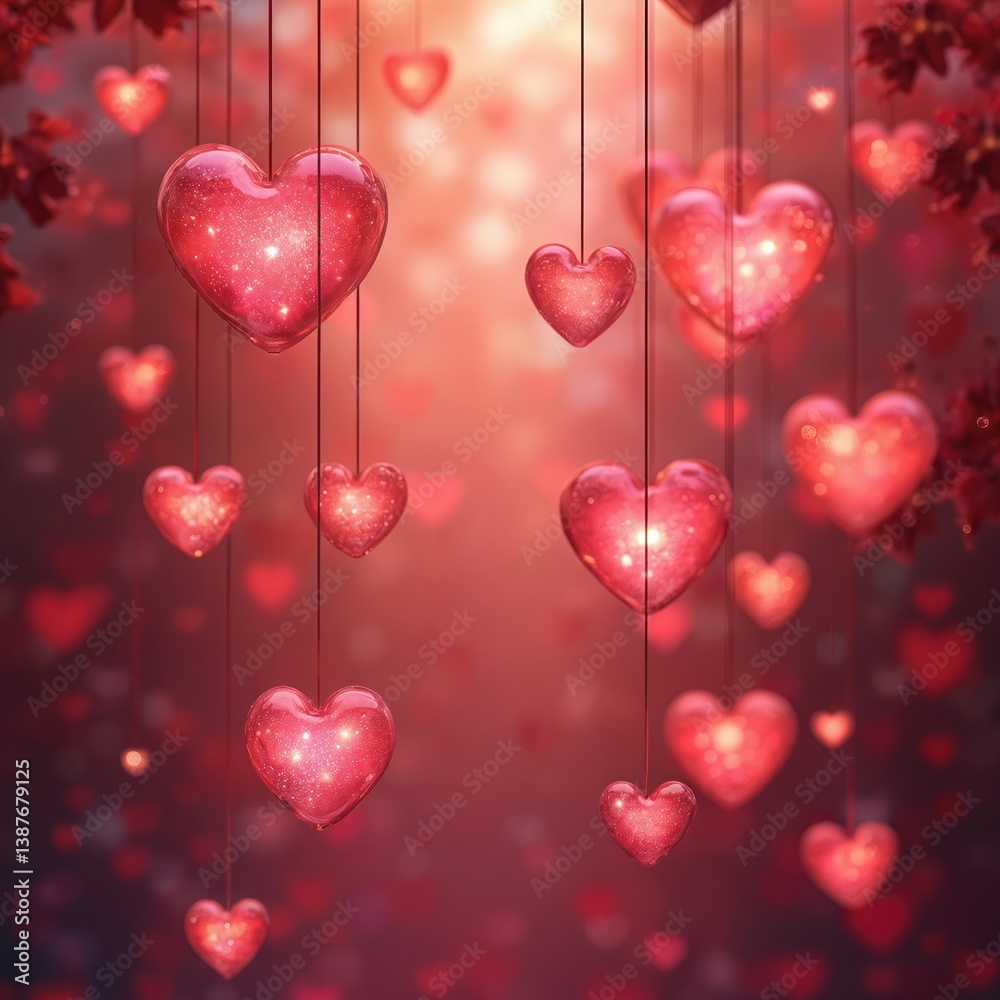 Poster romantic visual of floating red hearts on blurred background. holiday visual illustration features d