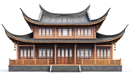 Fototapeta premium Traditional Chinese house with ornate roof and wooden details on white background