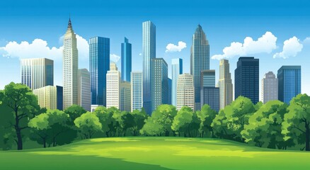 Obraz premium An illustrated cityscape features tall buildings and verdant green park