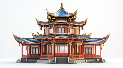 Naklejka premium Traditional Chinese architecture with blue roof and red accents on white background