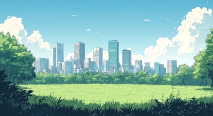 A serene depiction of city skyscrapers behind the green park
