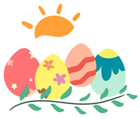 Easter image, colorful Easter eggs lined up with leaves and the sun above, showing brightness.