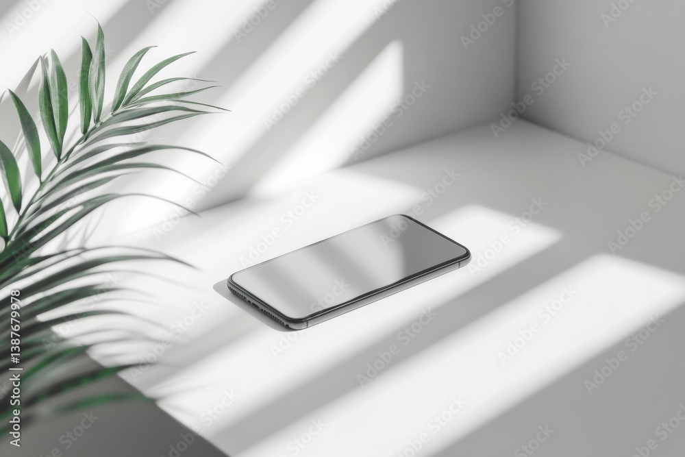 Poster sleek modern smartphone on a minimalist white surface with soft lighting and subtle shadows from a n