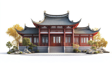 Fototapeta premium Traditional Chinese architecture with red and gray details, surrounded by trees