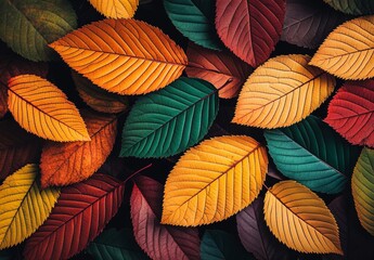 Fototapeta premium Autumnal leaves exhibit beautiful fall colors of green, orange, yellow and red. 