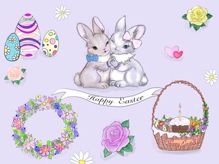 Happy Easter rabbit with flowers 
