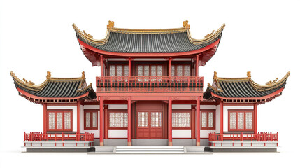 Naklejka premium Traditional Chinese architecture with red and gold details on white background