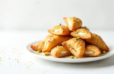 Traditional Ramadan dessert qatayef on white plate. Arabic iftar food katayef with cheese and pistachio nuts. Ramadan celebration, Eid al-Fitr, festive food.