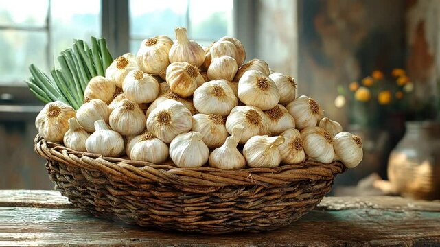 Fresh garlic bulbs in a rustic basket on a wooden table