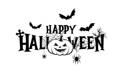 Happy Halloween day. Halloween text on white background. Pumpkins, bats and other Halloween symbols. Vector illustration