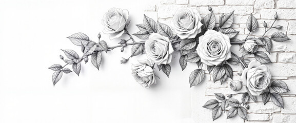 Elegant monochrome roses climbing a stone wall, botanical beauty