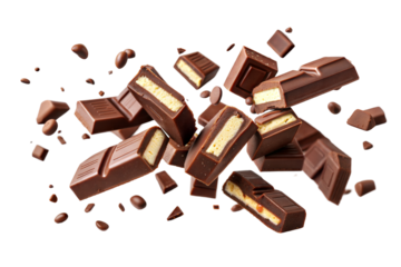 Falling chocolate pieces isolated on transparent background.