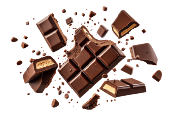 Falling chocolate pieces isolated on transparent background.