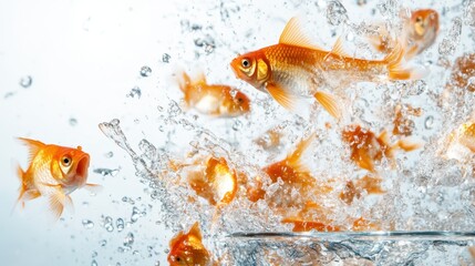 An eye-catching composition featuring numerous goldfish bursting through water, illustrated with spectacular splashes, celebrating life and movement in a water-filled environment.