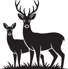 Graphic Silhouette Vector Black of wild, male, female, and roe deer . with white background
