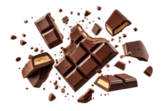 Falling chocolate pieces isolated on transparent background.