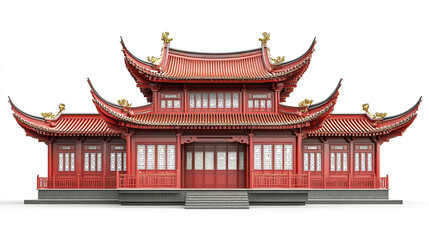 Obraz premium Traditional Chinese architecture with red ornate details on white background