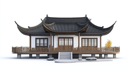 Obraz premium Traditional Chinese house with curved roof and wooden details on white background