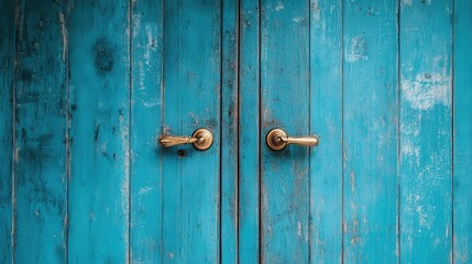 Fototapeta premium An enchanting image of a rustic blue door featuring beautifully crafted antique handles and an intricate keyhole, representing time, history, and charm in architecture.