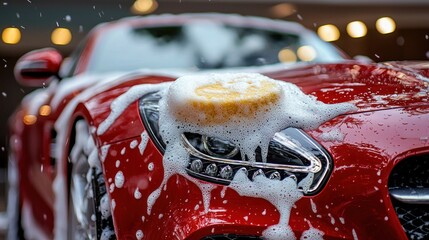 Red sports car being washed with foam and sponge