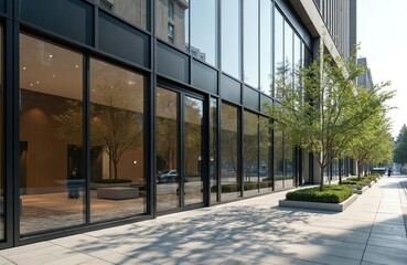 Modern office building exterior with glass walls, paved street. Urban architecture, business center, modern design. Empty exterior, sunlight reflections, no people. Trees near building. Paved