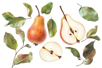 Fresh RedSpeckled Pears, Pear Halves, and Green Leaves Isolated on White Background 89