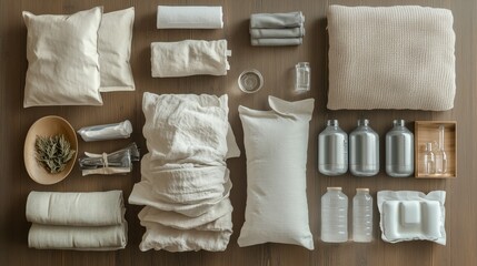 Minimalist home essentials arranged in warm earthy tones for sustainable and simple living inspiration.