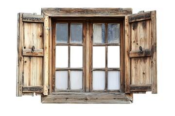 Rustic Wooden Window with Open Shutters Isolated on White Backdrop, Old Wood Grain