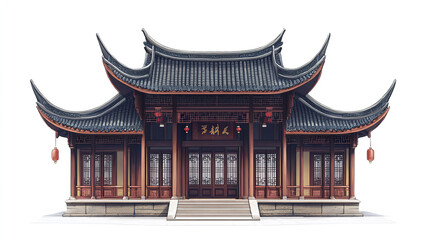 Obraz premium Traditional Chinese house with ornate roof and red lanterns on white background