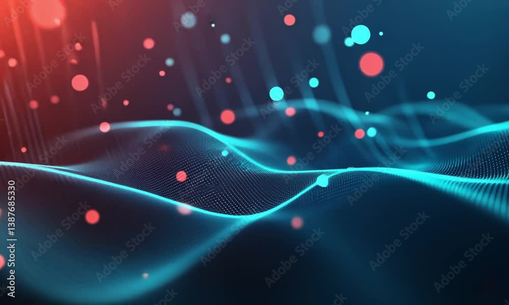 Wall mural abstract background with blue and red dots flickering rhythmically across dark textured surface in s