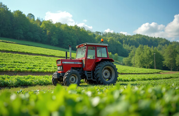 Red tractor on green field organic farm. Agriculture in Japan. Fresh vegetable plants growing in rows. Farmer machine for harvest field work. Eco-friendly farming. Ethical, sustainable production.