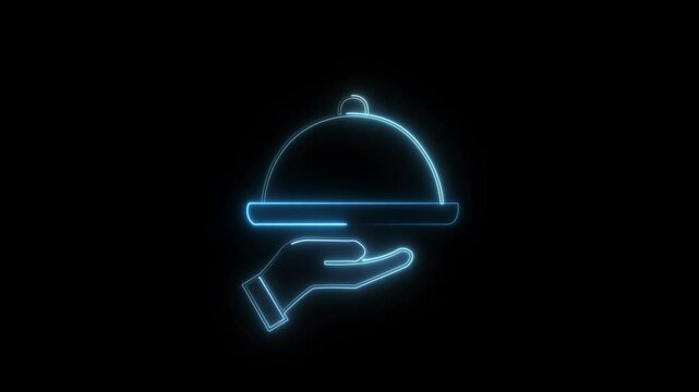 Glowing neon line Covered with a tray of food icon isolated on brick wall background. Tray and lid sign. Restaurant cloche with lid. Colorful outline concept.