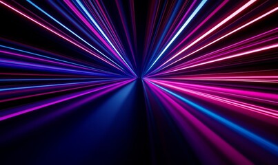 Abstract view of bright lines of light moving into central point.