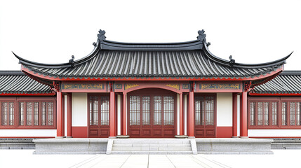 Fototapeta premium Traditional Chinese architecture with red and black details on white background