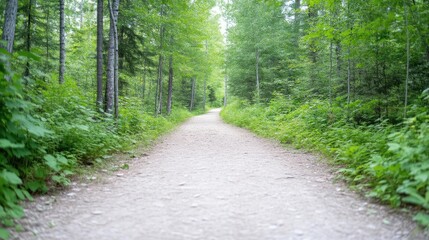 A gravel path winds through a lush green forest. Lush vegetation lines the path. The image is well-lit, displaying a high resolution. The style is naturalistic and serene. Calming greens and muted e
