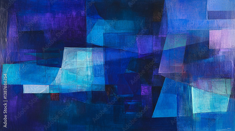 Poster Abstract painting with blue and purple hues, textured shapes overlapping, creating depth and visual interest, showcasing a serene and mysterious atmosphere