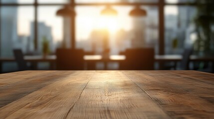 A rustic wooden table is beautifully lit by a glowing sunset view from large windows, creating an inviting and warm space ideal for meals or collaborative gatherings.