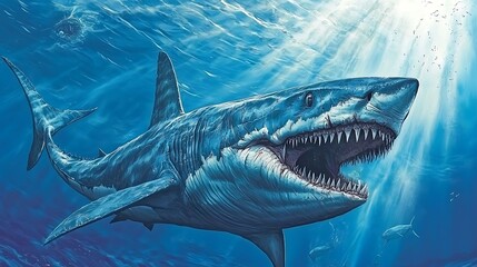 Megalodon shark underwater, open mouth, sunlight.
