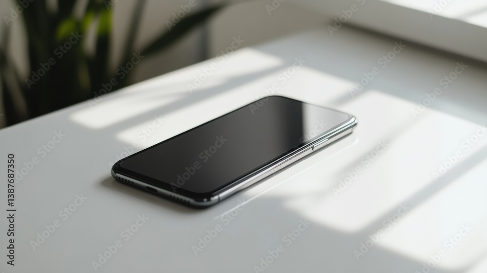 Poster Sleek modern smartphone lies elegantly on a white surface surrounded by soft diffused light and a minimalist aesthetic setup