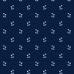 Small white flowers pattern doodle shapes motif continuous blue background. Modern floral fabric design textile swatch ladies dress, men's shirt all over print block.