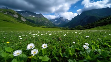 Obraz premium Alpine Meadow Blooms Under Cloudy Sky