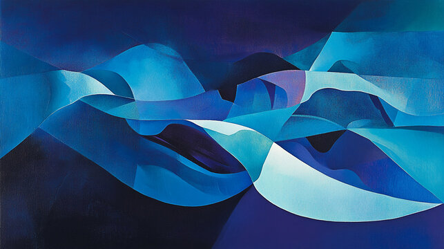 Abstract painting with blue hues, depicting flowing, layered forms creating a dynamic composition, showcasing depth and movement, evocative of water or sky