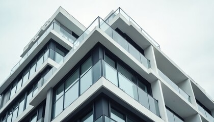 Fototapeta premium Modern minimalist architecture building exterior. Concrete structure, geometric design, glass facade, windows, balconies. Urban cityscape, residential apartments, real estate, construction. Highrise,