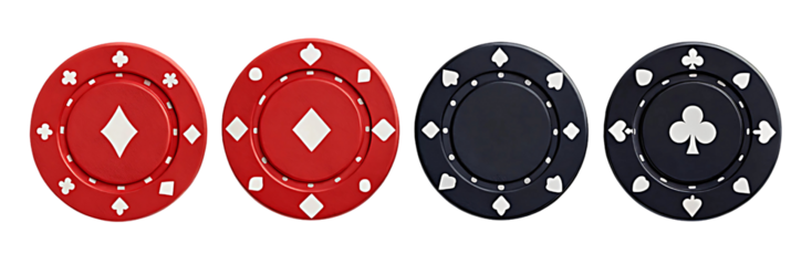Poker Chips with Card Suits Heart Spade Diamond Club on Transparent Background