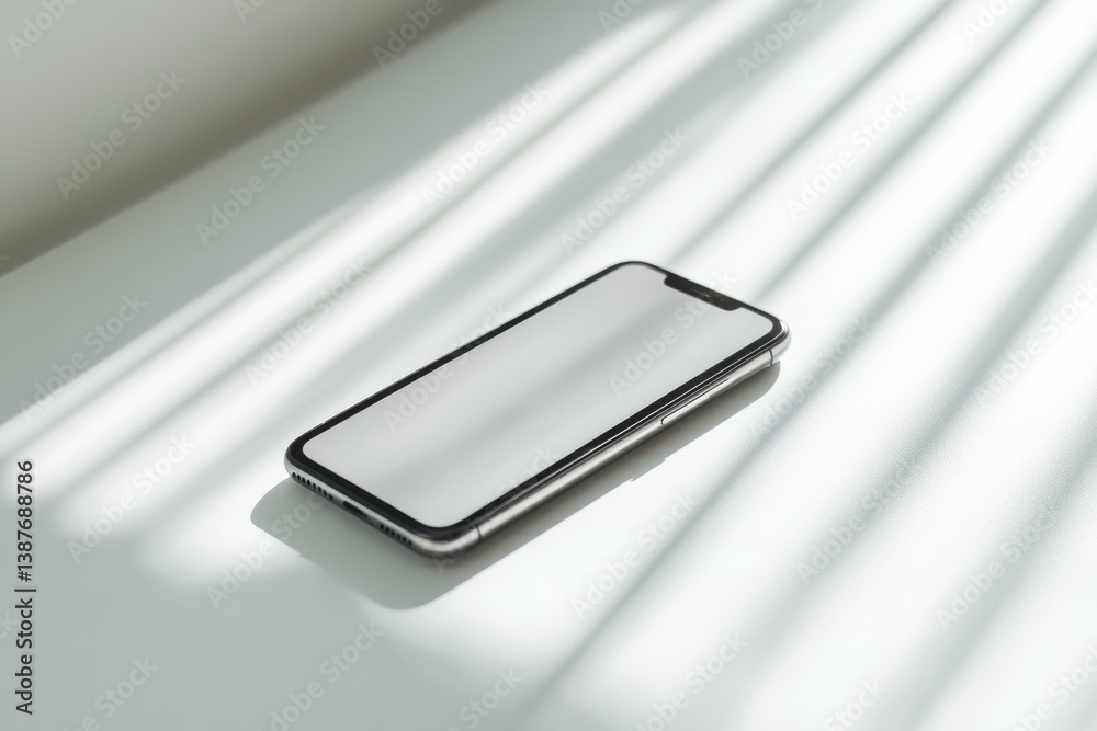 Poster modern smartphone resting on white surface with diffused lighting creates a sleek, minimalist aesthe